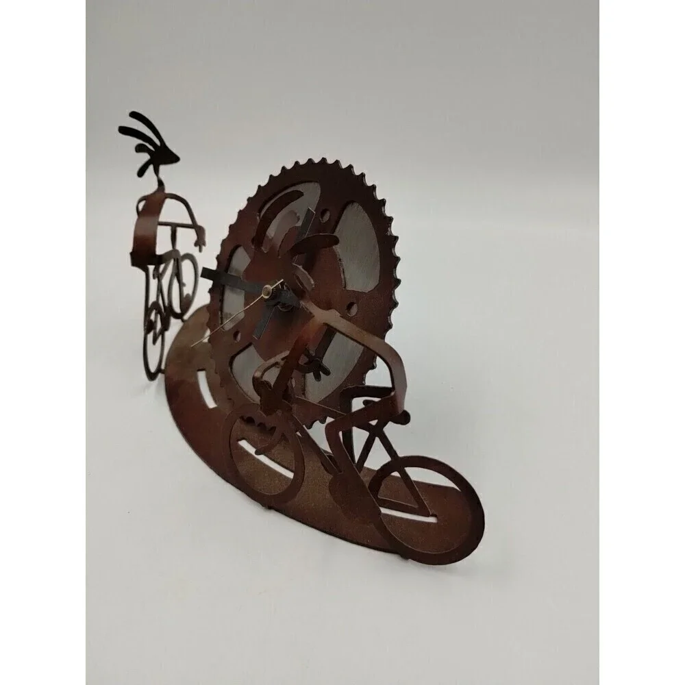 Desk, Mantle, Shelf Gear Gears Clock with Cyclists Bicycles Rust Look Steampunk